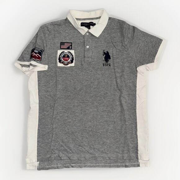 USPA Polo Assn Grey Embroidered Patch Polo Shirt Men’s Large 22x26 Preppy Casual - Picture 1 of 4